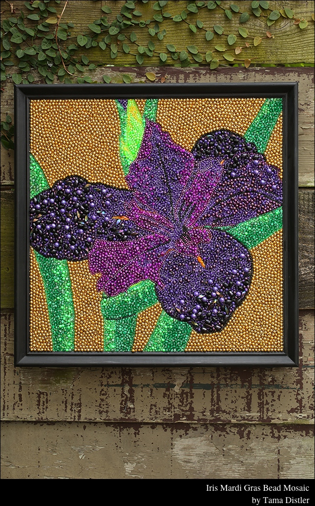 Iris Mardi Gras Bead Mosaic by Tama Distler