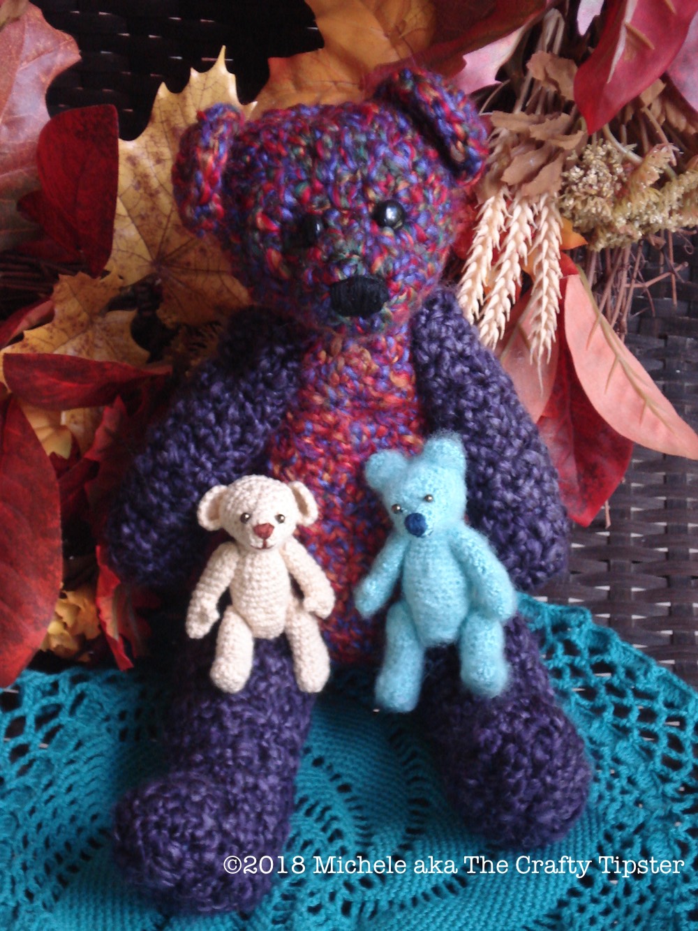 a trio of crocheted teddy bears by Michele Tway aka The Crafty Tipster